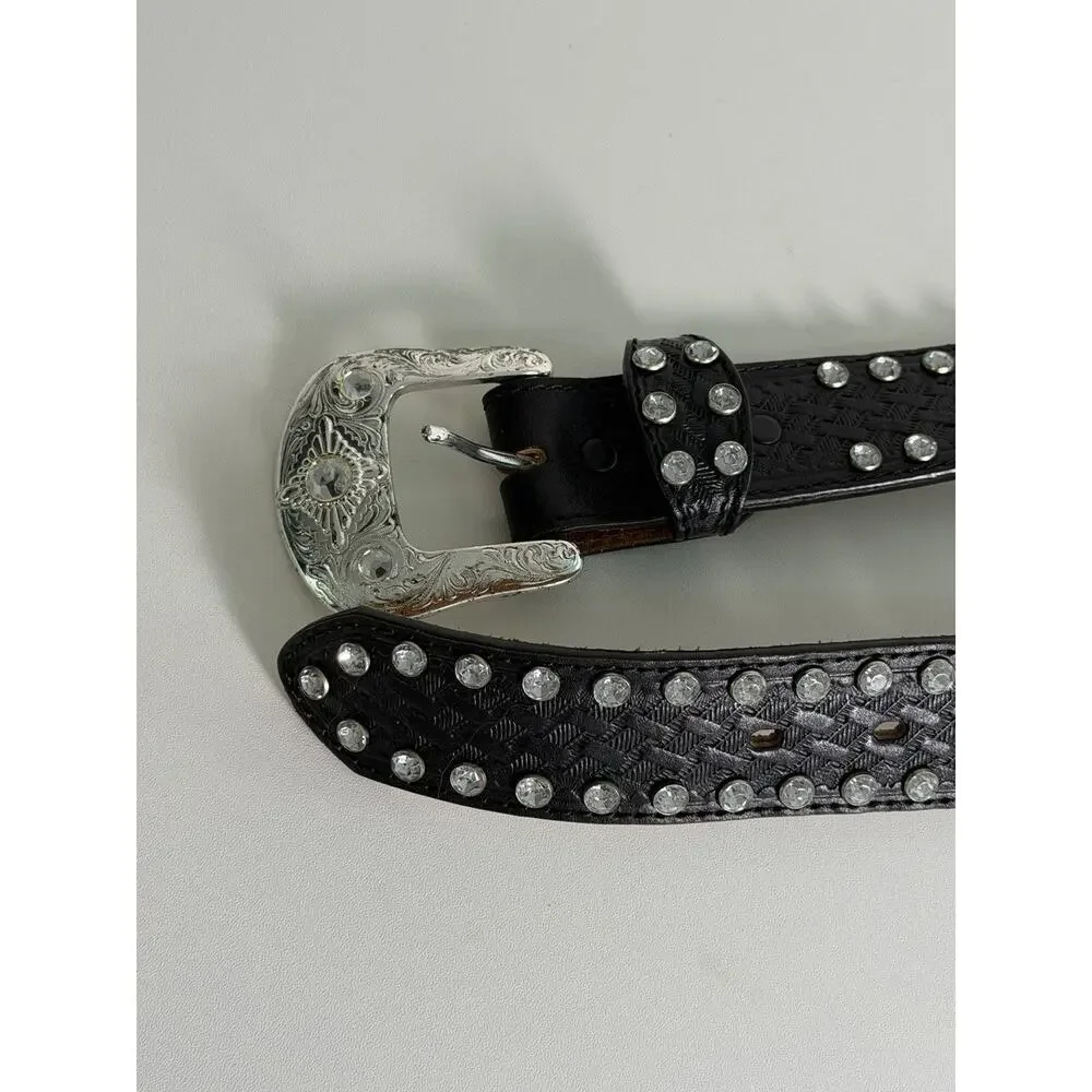 Tony Lama Rhinestones Crystal Black SZ 30 Leather Belt C50363 Western Style